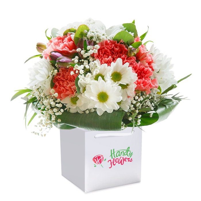 A vision of freshness and floral artistry, this rounded bouquet is elegantly positioned upright in a square white gift bag, as if awaiting delivery to a loved one along the leafy streets of Lisson Grove. The arrangement is an abundant gathering of coral-pink and fiery red carnations, each petal intricately ruffled, forming a lush canvas of colour and texture. Nestled among them, pure white daisies, distinguished by their luminous yellow-green centers, offer a cheerful uplift. Baby's breath makes a gentle appearance throughout, its dainty clusters adding softness and visual lightness, while a handful of closed buds in muted purple-pink tones hint at new beginnings and layered depth. A lush wrap of glossy, deep green leaves forms a welcoming base, elevating the arrangement's structure and hinting at the skillful touch of a seasoned Lisson Grove florist. Scene-stealing white ribbon handles arc gracefully from the top of the starkly beautiful bag, which serves as a modern vessel for compassionate gifting-whether for birthdays, milestones, or spontaneous gestures of kindness in the heart of NW1. Set against a backdrop of pure white, the composition's vibrant palette and carefully designed fullness are on display, echoing the local sensibility and attention to detail that defines Lisson Grove's thriving flower delivery scene.