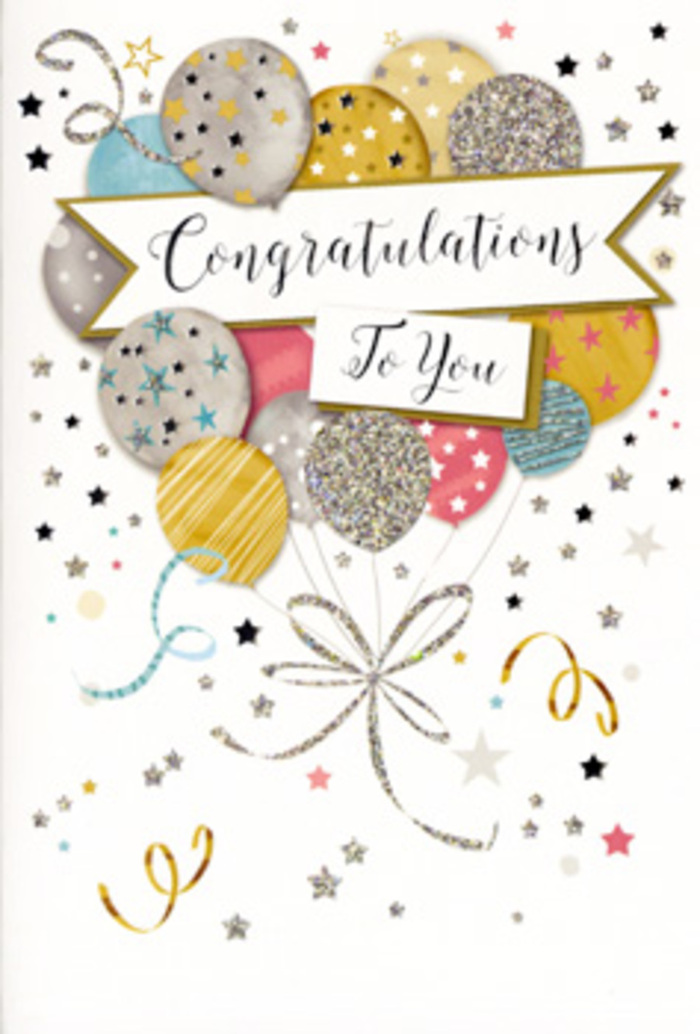 On the front of this congratulations card, a joyful cluster of balloons and a centred banner come together to create a refined yet festive composition. The balloons appear to float effortlessly from the lower portion of the card, overlapping in a pleasing arrangement of soft metallic gold, cool silver, warm champagne, powdery sky blue, blush pink, and calm grey. Each balloon is given unique decoration-slender glitter stripes, dotted star patterns, or subtle sparkles-so that the eye moves naturally from one to the next, much like taking in different blooms within a hand-tied bouquet from Lisson Grove Florist. A broad banner sweeps across the centre, its edges curling slightly as if caught in a gentle breeze, carrying the message "Congratulations To You" in classic, swirling calligraphy that suggests care and thoughtfulness. Surrounding the main elements, delicate curls of ribbon and scatterings of stars and confetti animate the background, evoking the light-hearted energy of a celebration in a Marylebone café or a gathering in a cosy flat near Regent's Park. The card stock appears substantial and smooth, while the printed elements and glitter accents seem to rise slightly from the surface, offering a tactile contrast under exploring fingertips. The overall feel is one of polished joy-neither overly bright nor too subdued-making it a natural companion to a wide range of congratulatory bouquets, from sophisticated monochrome arrangements to colourful mixes. For promotions, graduations, new qualifications, or personal milestones, this card adds a layer of visual and sensory pleasure, carrying your message of pride and support with gentle glamour to any doorstep across Lisson Grove and the surrounding neighbourhood.