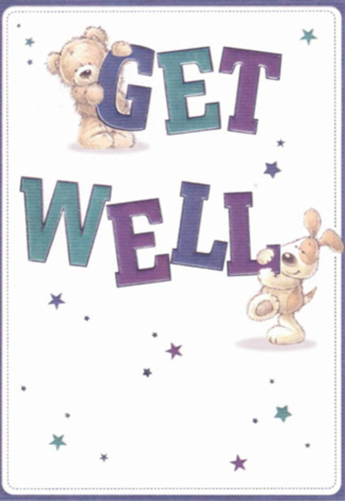 This get well card is a celebration of supportive friendship and gentle encouragement, reflecting the close-knit feel of Lisson Grove. Central to the design are two friendly figures-a cheerful brown bear and a floppy-eared puppy-each brimming with warmth. The bear, with slightly tousled fur, lovingly grips the capital letters in 'GET,' while the animated puppy nestles beside 'WELL,' both set among a flurry of dancing stars. These whimsical bursts of blue, purple, and turquoise seem to spread good wishes throughout the crisp, inviting white backdrop, in the same way a thoughtfully arranged bouquet from a Lisson Grove Florist could fill a hospital room or home with light. The playful yet quietly confident typography-rounded, shaded in luminous purples and aquas-grounds the card in resilience and the promise of recovery. There's a tactile quality to the depicted fur and floppy puppy ears, as though you could almost reach out to feel their softness-a subtle sensory comfort reminiscent of the first glimpse of a fresh flower arrangement on a chilly day near Marylebone. The scene radiates positivity and hope, echoing the nurturing spirit found in local parks and community events. Pairing a card like this with a bouquet of seasonal blooms from Lisson Grove transforms a simple gesture into a memory of kindness, ideal for uplifting someone's spirit and reminding them how deeply they are cared for.