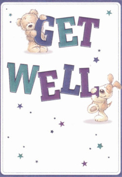 In this cheerful get well card, a spirit of kindness and hope radiates-a feeling familiar to anyone who knows Lisson Grove's friendly streets and lively markets. The artwork is thoughtfully composed: a cuddly teddy bear, illustrated with soft, beckoning curves and a gentle smile, clings to the letters forming 'GET' above. Below, a floppy-eared puppy beams with happy energy as it nuzzles the indigo 'WELL'-their playful postures communicating compassion and optimism, much like a lovingly delivered bouquet that brings comfort to a neighbour recovering near Dorset Square or along Park Road. The bold lettering pops in shades of deep purple and teal, reminiscent of the striking colour palettes favoured by local florists. Set against a pristine, creamy white background, the scene feels both clean and full of possibility. Star-shaped accents, glowing in blues and violets, are scattered around, adding zest and an air of magic to the message. As a florist familiar with the gentle pulse of Lisson Grove, I see parallels in the attention to soothing detail: each illustration, like every petal placed in an encouraging bouquet, is designed to lift spirits and foster healing. The tactile quality of the furry friends invites a sense of comforting touch-a subtle yet powerful balm for anyone needing extra cheer. This card, echoing the nurturing character of the local community, ensures each get well wish is both heartfelt and memorable, bringing a sense of warmth directly to a friend's doorstep.