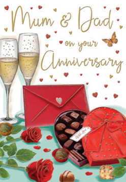 The anniversary card artwork unfolds like a miniature celebration laid out on a table near Lisson Grove, rich with detail and gentle romance. Two tall champagne flutes rise proudly at the centre, their clear glass rendered with subtle reflections of light, each filled with a soft, golden champagne that sparkles with tiny, rising bubbles. Just in front rests a heart-shaped chocolate box, painted in a saturated crimson red that instantly draws the eye. The lid is tipped back to reveal an orderly collection of indulgent chocolates, their rounded forms shaded to suggest smooth, glossy shells and velvety centres. Draped across the box is a large red bow, tied in flowing satin loops, catching glimmers of light that echo the fizz in the glasses above. To the side are two sumptuous red roses, meticulously illustrated with layer upon layer of velvety petals, glowing in a rich ruby tone. Fresh green leaves cradle the blooms, adding a natural vibrancy that contrasts beautifully with the decadent chocolates and sparkling drink, reminiscent of bouquets prepared for anniversary deliveries from Lisson Grove Florist to nearby Baker Street or St John's Wood. Small crimson and golden hearts drift through the background like confetti in slow motion, reinforcing the celebratory mood while keeping the focus on the central arrangement. A bright scarlet envelope, sealed and slightly askew, suggests an intimate card inside, perhaps carrying a message of thanks, devotion, or an anniversary wish to cherished parents. The interplay of reds, golds, and greens, along with the precise yet soft illustration style, creates a warm, welcoming scene that evokes clinking glasses, whispered toasts, and the quiet joy of years spent together.