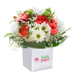 A bouquet alive with energy and optimism, this delightful arrangement is cradled in a sleek white gift bag, ready to bring brightness to Lisson Grove's historic streets. Velvety coral and passionate red carnations unfold with abundant ruffles, while brilliant white daisies, each adorned with a lime-hued center, lend a playful radiance. Wisps of baby's breath-almost weightless-drift among the main flowers, evoking the feeling of soft morning air over Dorset Square. Deep green, glossy leaves sweep around the bouquet, framing it with a natural elegance, as small, purple-tipped buds peek out, promising fresh beauty to come. White ribbon handles curl from the top of the bag, hinting at the ease of gifting-ideal for marking a birthday, anniversary, or simply to bring a smile to a friend near Marylebone Station. The crisp white background intensifies every colour and contour, turning the bouquet into a moment of joy preserved in time. Each stem is placed with care, reflecting the dedication and talent of Lisson Grove's local florists-a testament to thoughtful, heartfelt flower delivery in this lively community.