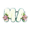Captured against a simple white backdrop, this floral tribute spells the letters "MA" with composed elegance, echoing the quiet dignity often found at funeral services around Lisson Grove and nearby Marylebone. The two capital letters are constructed on a concealed base, entirely cloaked in fresh white chrysanthemums arranged so closely that they form a seamless, cushion-like surface. The petals are small and slightly curved, giving the arrangement a gentle softness that contrasts with the strong, upright shapes of the letters. A deep emerald green ribbon frames each letter, carefully pleated into ruffled folds that hug every edge and corner. This ribbon forms a continuous border, sharpening the outline and adding a rich, garden-like depth that brings to mind the greenery of nearby Regent's Park. The M and A are subtly connected by a narrow dark green bar running along the bottom, which lends stability while remaining visually unobtrusive. At the foot of the M, on the left-hand side, and at the foot of the A, on the right-hand side, small decorative sprays of roses provide a gentle burst of colour. In these clusters, soft pink roses and lilac roses are threaded together, their velvety petals arranged in layered spirals. Smaller pink spray roses are nestled amongst them, with a single fern frond in each arrangement arching outward to introduce light, feathery greenery. The overall composition is balanced and serene, suggesting a bespoke sympathy tribute created by a skilled local florist for a beloved mother or "Mama" whose life touched the Lisson Grove community. With its traditional white chrysanthemum base, subtle pastel rose accents, and careful craftsmanship, this MA letter design offers a tender, visually clear expression of love, remembrance, and final farewell.