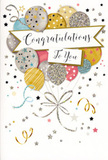 This congratulations card presents a softly radiant scene of celebration, as if someone gathered the spirit of a party and distilled it into balloons, stars, and a flowing ribbon of words. A cluster of round balloons occupies the centre and lower half of the card, overlapping in a loose, organic arrangement of muted metallic gold, luminous silver, creamy champagne, gentle sky blue, rosy blush, and understated grey. Each balloon is embellished with delicate detailing-glittering bands, twinkling star motifs, or fine, shimmering speckles-that catch the light, giving the impression of a subtle sparkle much like evening lights along nearby Marylebone Road. A graceful banner arcs across the composition, its pale surface carrying the phrase "Congratulations To You" in elegant script, each letter looping gently into the next to create a feeling of warmth and sincerity. Around this central motif, tiny stars, curls of ribbon, and confetti-like dots seem to float, hinting at movement and giving the design a lively yet controlled energy. The card suggests a tactile mix of smooth cardstock and raised glitter, encouraging the recipient to trace the shapes as if exploring a small piece of art. With its versatile colour palette and refined style, it pairs beautifully with congratulatory flowers sent across Lisson Grove-whether a pastel bouquet for exam results, a sophisticated arrangement for a promotion near Baker Street, or a colourful display to mark a big life step. The overall mood is joyful and affectionate, a gentle burst of pride and happiness that supports whatever message you choose to write inside, making your congratulations feel truly special and thoughtfully delivered.