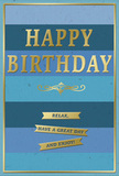 A tastefully designed birthday card, awash in tranquil blues and highlighted with gold, seems poised to accompany a bouquet in a cosy Lisson Grove home. The entire background is structured in wide horizontal bands, each a distinct yet harmonious shade of blue, transitioning from dark, inky navy at the top down through cooler teal and finally to pale, breezy sky tones near the bottom. Against this soothing gradient, the words "HAPPY BIRTHDAY" stand out in the centre, rendered in tall, embossed gold capitals. The metallic letters have a lustrous finish that picks up even soft indoor light, shimmering like the glow from shopfronts along the edge of Marylebone Road in the evening. Beneath the main message, a graceful golden flourish stretches across, its looping line acting as a visual pause before the sentiments below. Three narrow gold banners are neatly stacked beneath this flourish, each ribbon bearing an inviting message: "Relax, have a great day and enjoy!" The gold details sit slightly raised above the smooth, matte blue background, creating a subtle tactile contrast. A slim gold line frames the card, giving the entire piece a balanced, finished look. You might picture this card resting beside a vase of birthday flowers delivered locally around Lisson Grove, the colours of the blooms reflecting the calm blues and soft shimmer of the card. It conveys a mood of quiet celebration and thoughtful care, ideal for someone who values understated style and the simple joy of being wished well on their special day.